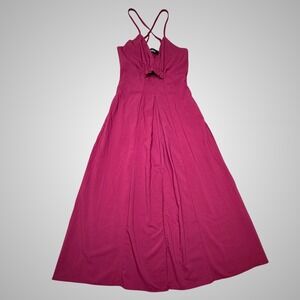 BTFBM Magenta Halter Maxi Dress Smocked Back Pockets Cutout Slit Size S NEW